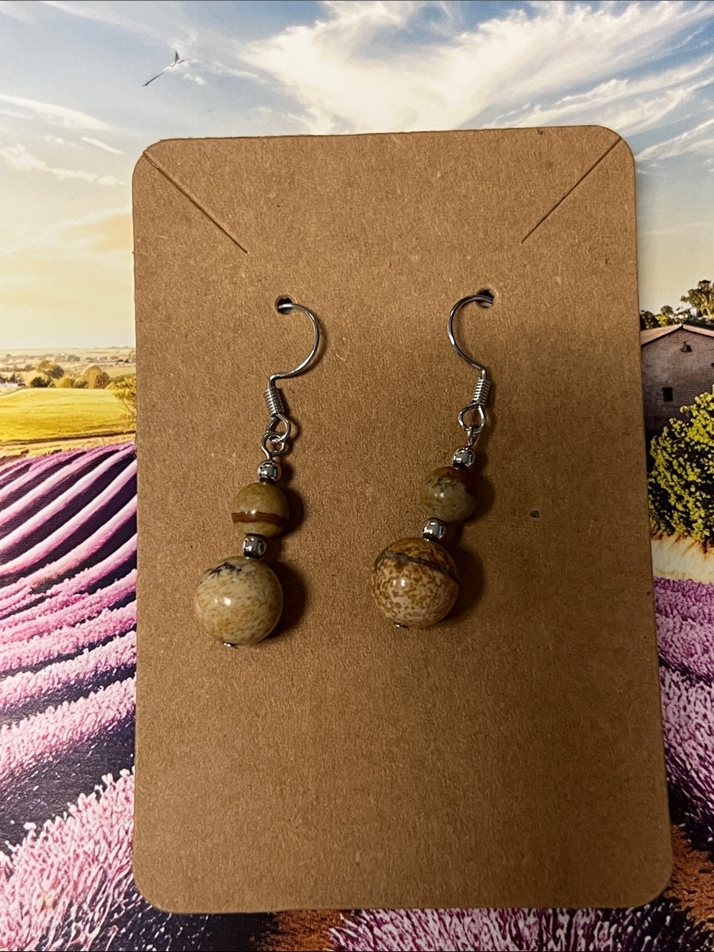Natural Brown Jasper Bead Drop Earrings - Unbranded